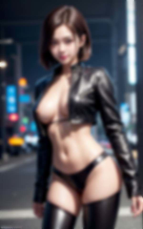 サンプル画像2:革ジャン美巨乳女子がネオン街で大胆露出(200円特価セール) [d_308079]