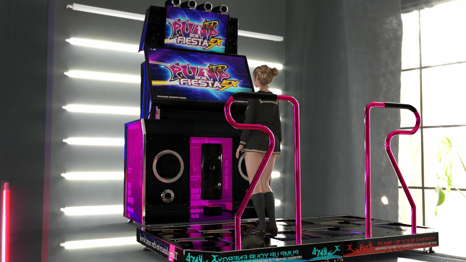 パンツパンツレボリューション！学校近くのゲーセンに寄ってダンスゲームに興じる廻里。ところがゲーム筐体に真下から隠しカメラが仕掛けられており、スカート内を盗撮される被害に遭う（PV05:サテン地ピンクヒョウ柄パンティ）