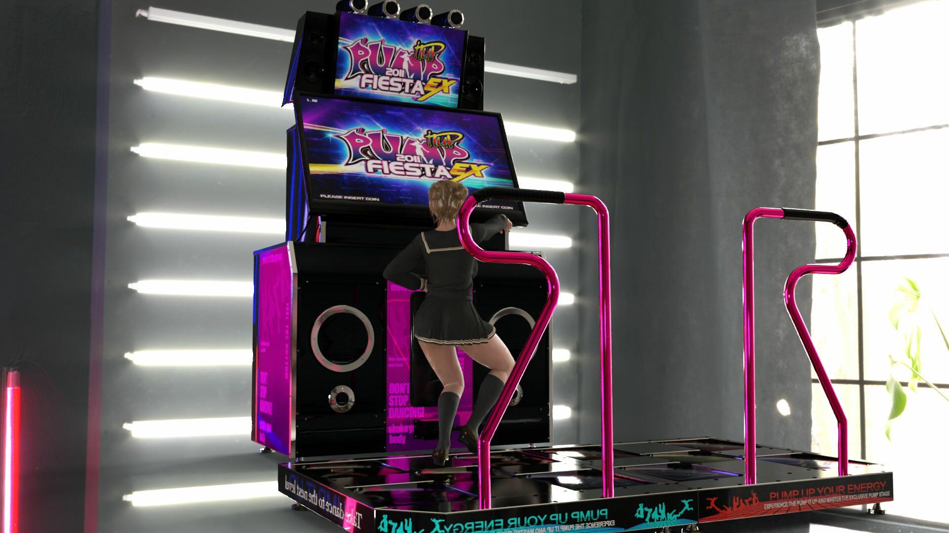 パンツパンツレボリューション！学校近くのゲーセンに寄ってダンスゲームに興じる廻里。ところがゲーム筐体に真下から隠しカメラが仕掛けられており、スカート内を盗撮される被害に遭う（PV05:サテン地ピンクヒョウ柄パンティ）