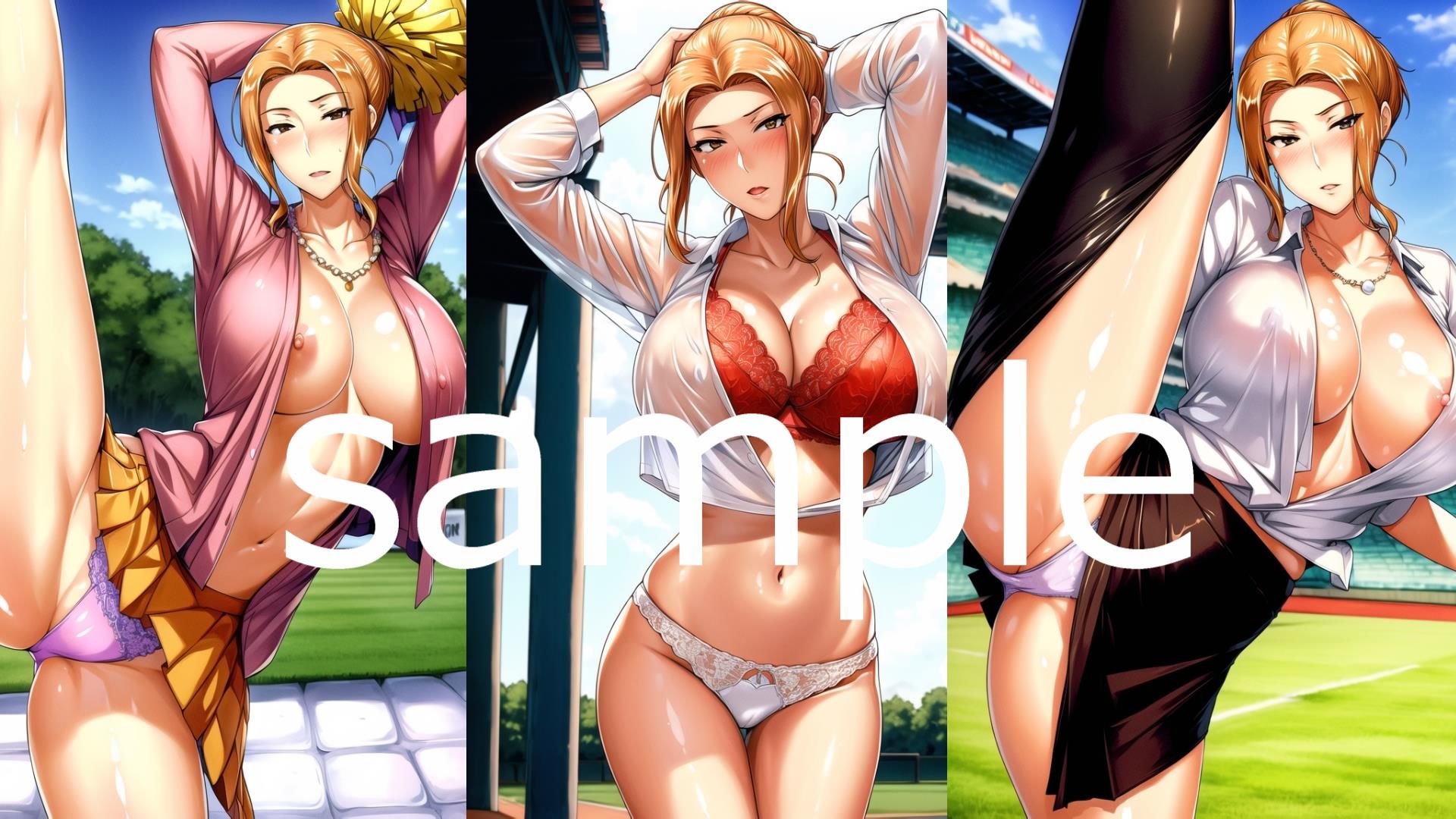 サンプル画像2:町内会主催のスポーツ大会でママさんチアリーダーのキャプテンの京香さんが思い切ったチア衣装で脚上げをしたり、会長さんたちと夜s〇xしたりしている感じの流れのイラスト集(AIアニメ美女ファクトリー) [d_309346]