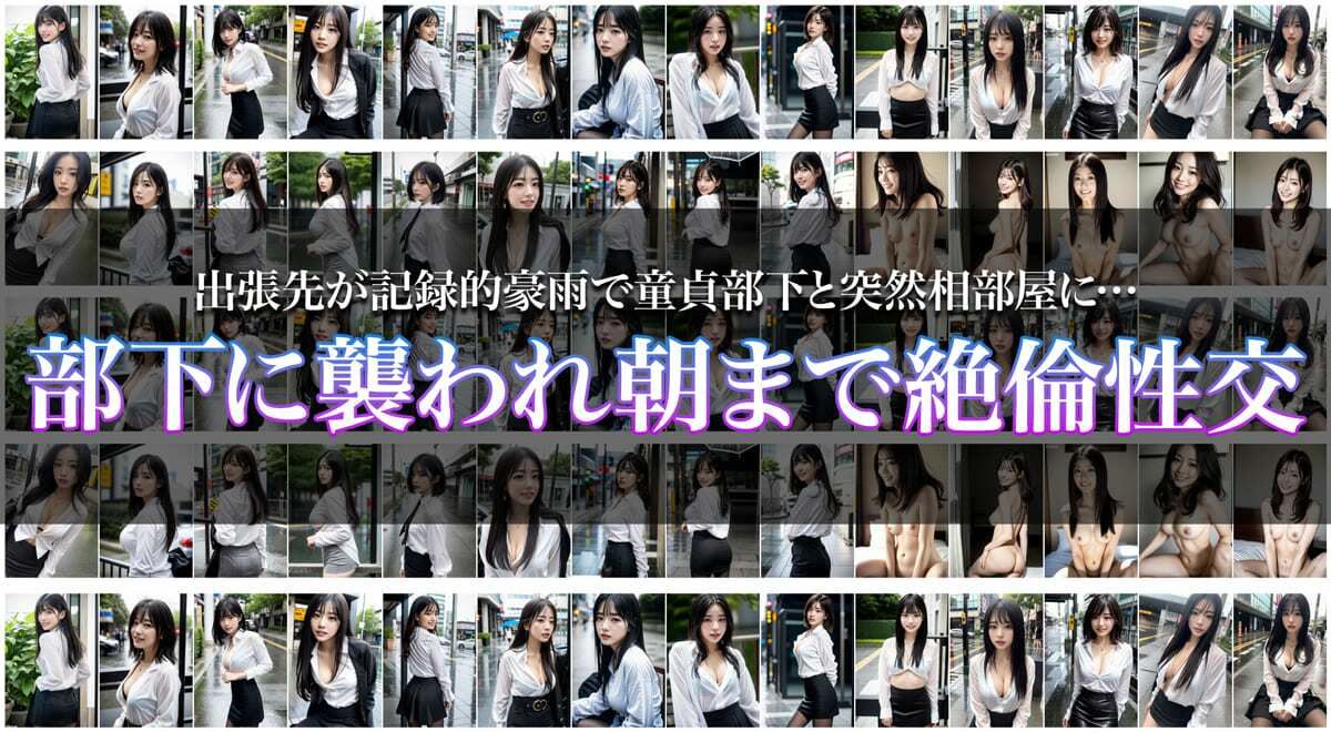 サンプル画像1:出張先が記録的豪雨で童貞部下と突然相部屋に… 部下に襲われ朝まで絶倫性交(はむすたー美女団) [d_311386]
