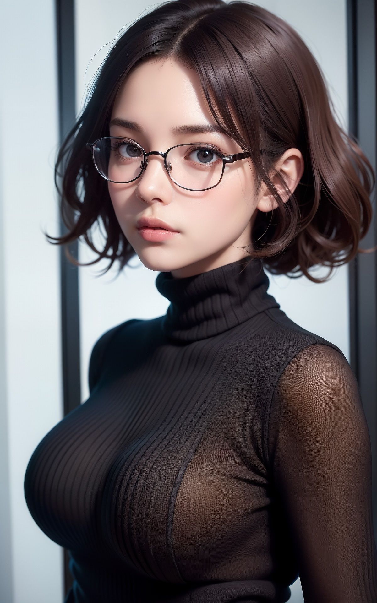 サンプル画像3:デカ乳タートルネックのメガネちゃん AI生成ヌードグラビアCG集(6TRAINER) [d_312197]