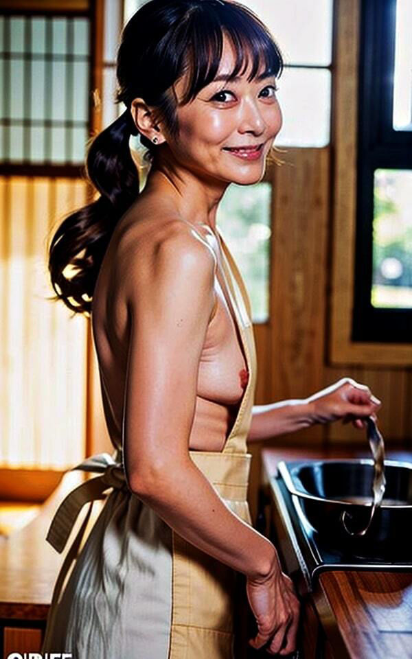 サンプル画像2:【初体験】熟れ過ぎ人妻 裸エプロンde乳首ビンビン！！「こんな格好初めて・・・」(遠くから見つめる) [d_312364]