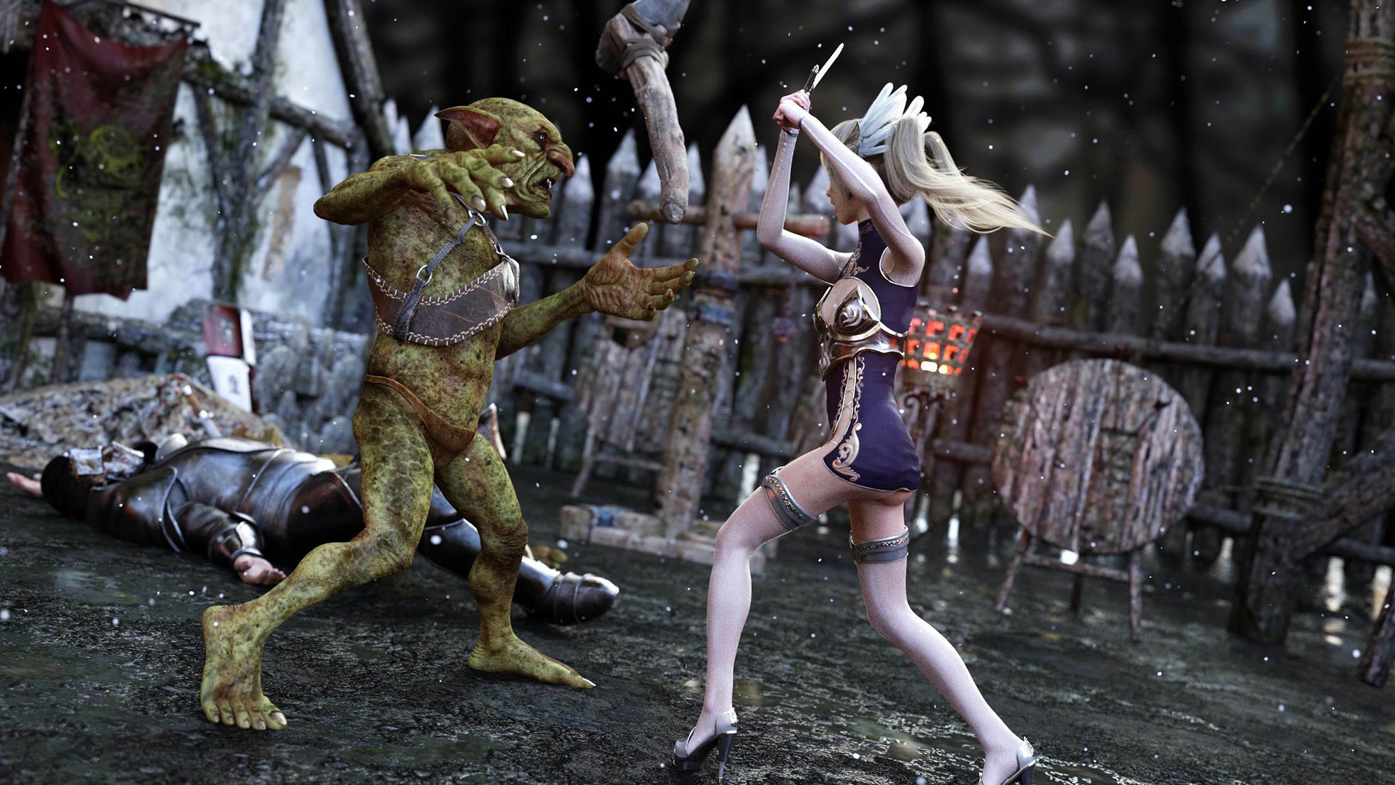 サンプル画像1:村を守る女騎士〜敗戦後ゴブリンに…(明るい空) [d_312664]