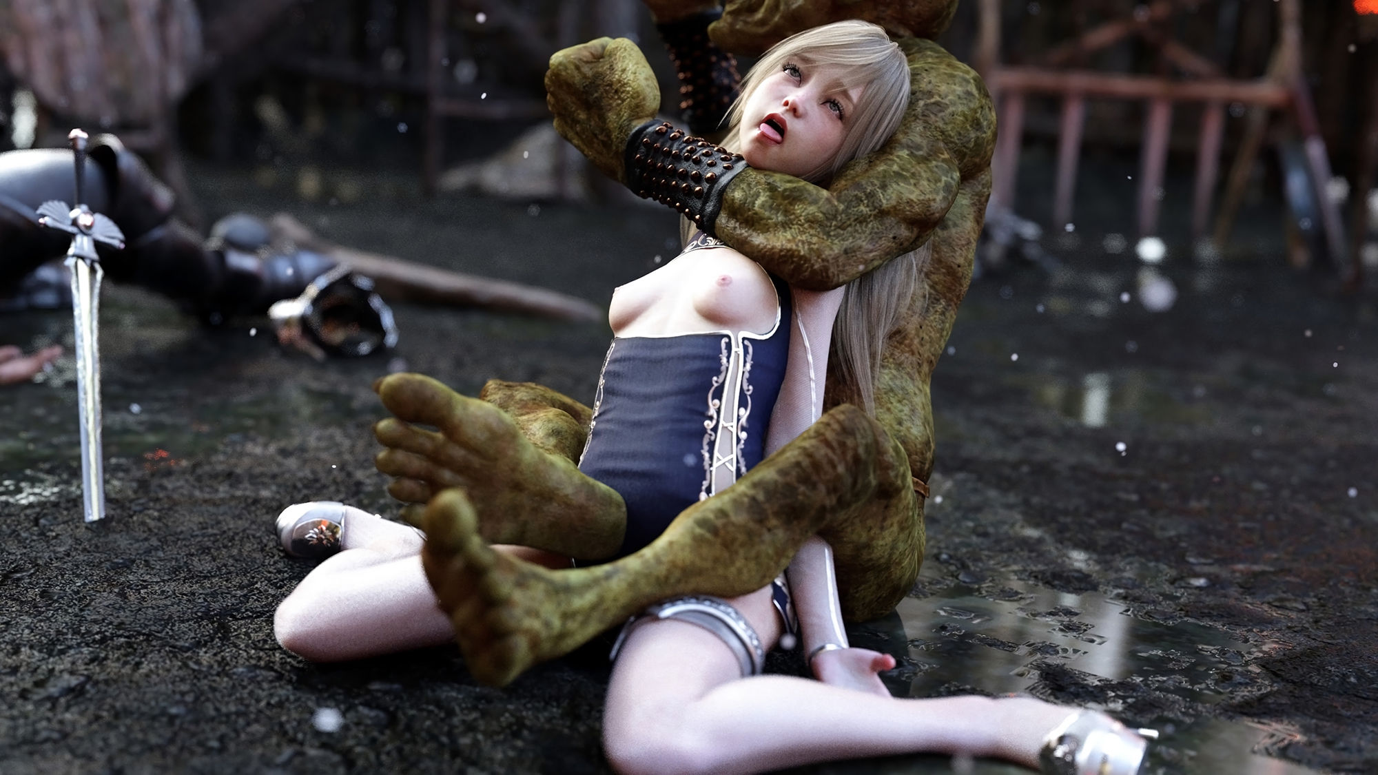 サンプル画像2:村を守る女騎士〜敗戦後ゴブリンに…(明るい空) [d_312664]