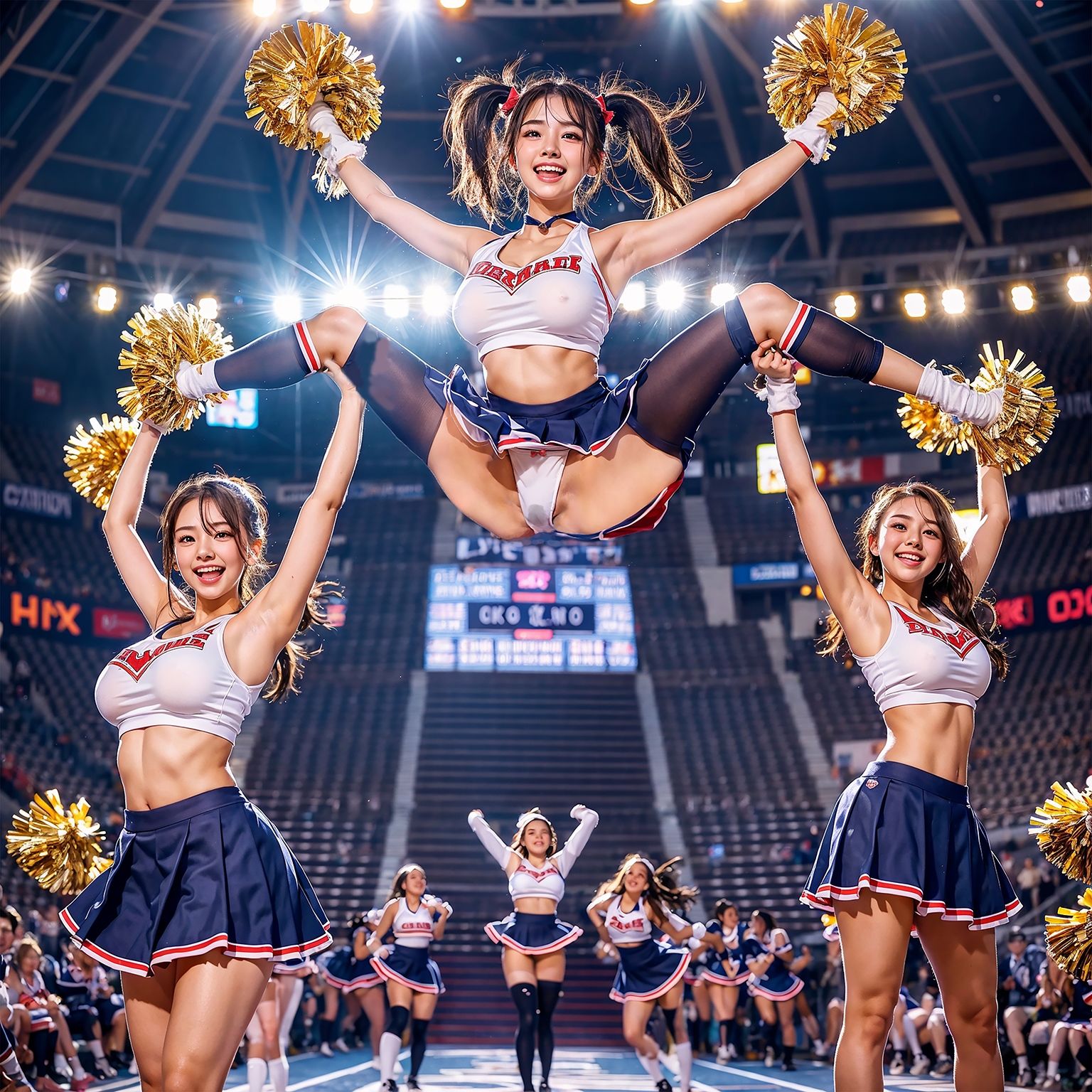 サンプル画像1:チアガール奇跡の大開脚！！アンスコ履き忘れてパンティにシミ！！超高画質で股間のハミ毛確認！尿意を我慢出来ずに大量放尿！！(エロステージ) [d_314053]