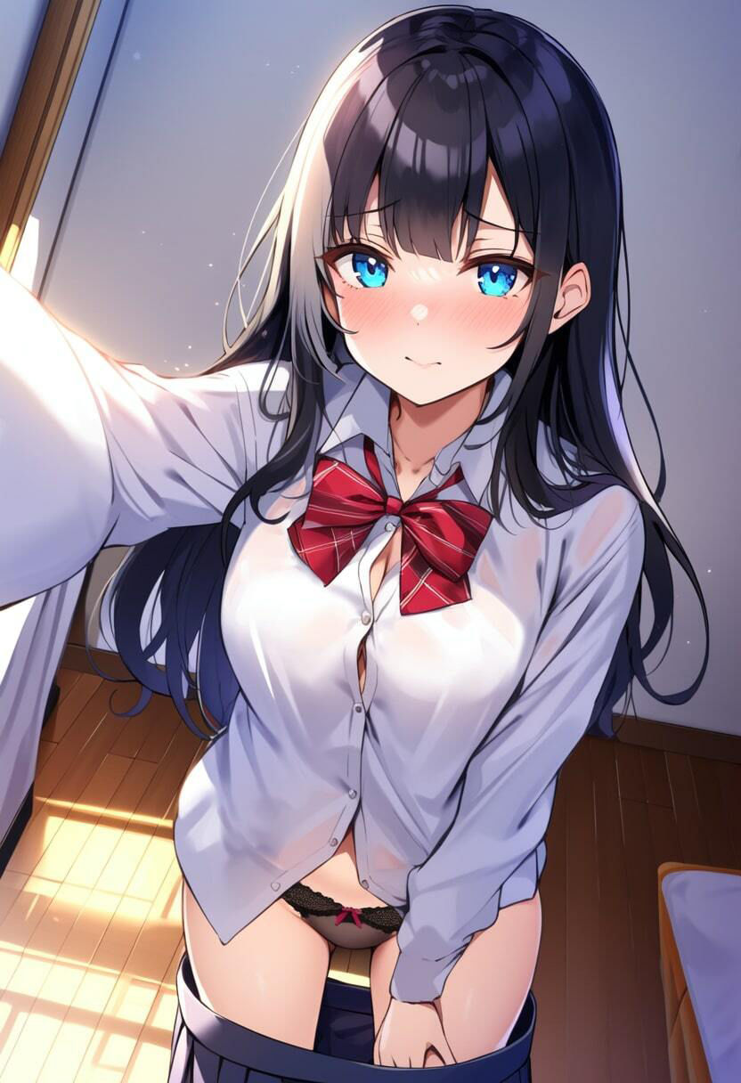エロ自撮りで恥ずかしがる黒髪清楚系・制服たくしあげ＆パンチラ＆下着姿