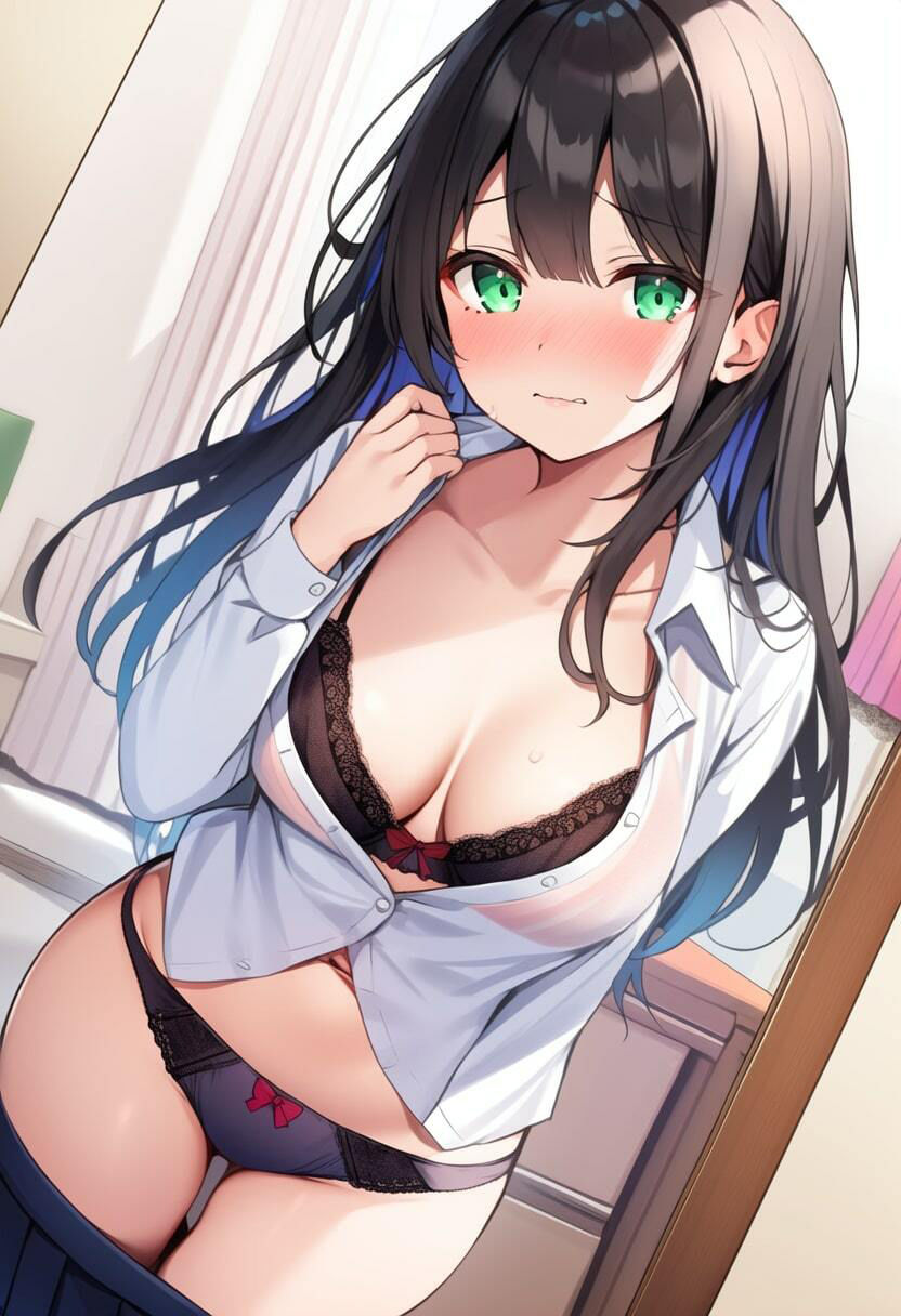 エロ自撮りで恥ずかしがる黒髪清楚系・制服たくしあげ＆パンチラ＆下着姿