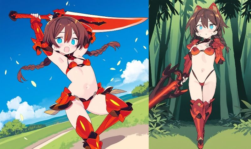 サンプル画像1:ビキニアーマー新米勇者ちゃん（Lv.1）、故郷の村から歩いてすぐの森でスライムに敗北(新井愛) [d_321488]