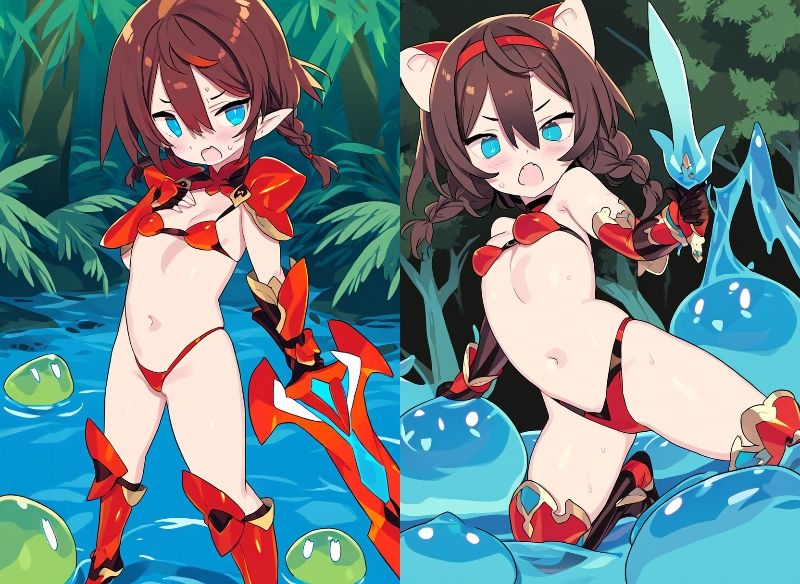 サンプル画像2:ビキニアーマー新米勇者ちゃん（Lv.1）、故郷の村から歩いてすぐの森でスライムに敗北(新井愛) [d_321488]