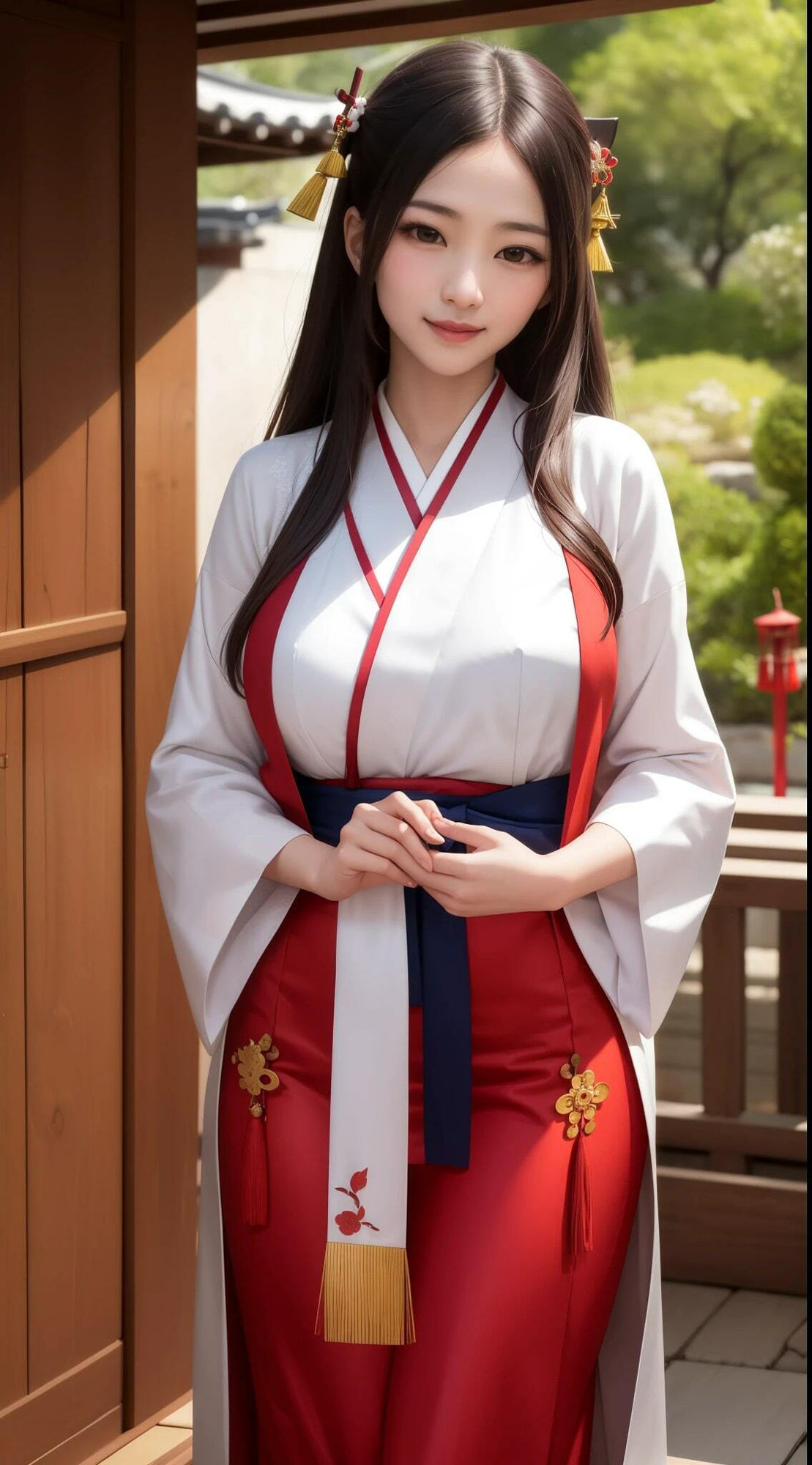 神社で奉仕活動している巫女さんの巨乳おっぱい