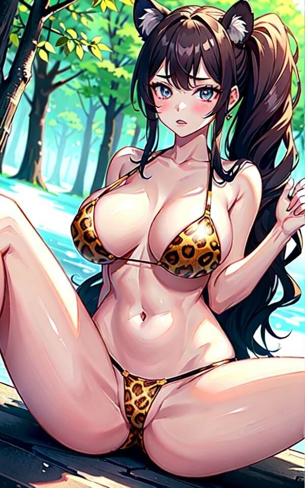 サンプル画像1:爆乳猫耳娘×ヒョウ柄下着 森の中でエッチな誘惑(お買い得AIラボ) [d_332030]