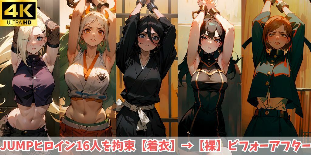 サンプル画像1:4K高画質【JUMPヒロイン16人を拘束】着衣→裸のビフォーアフター！あの美少女キャラが身動き取れないまま、身ぐるみをはがされて赤面…(フェチ堂) [d_332728]