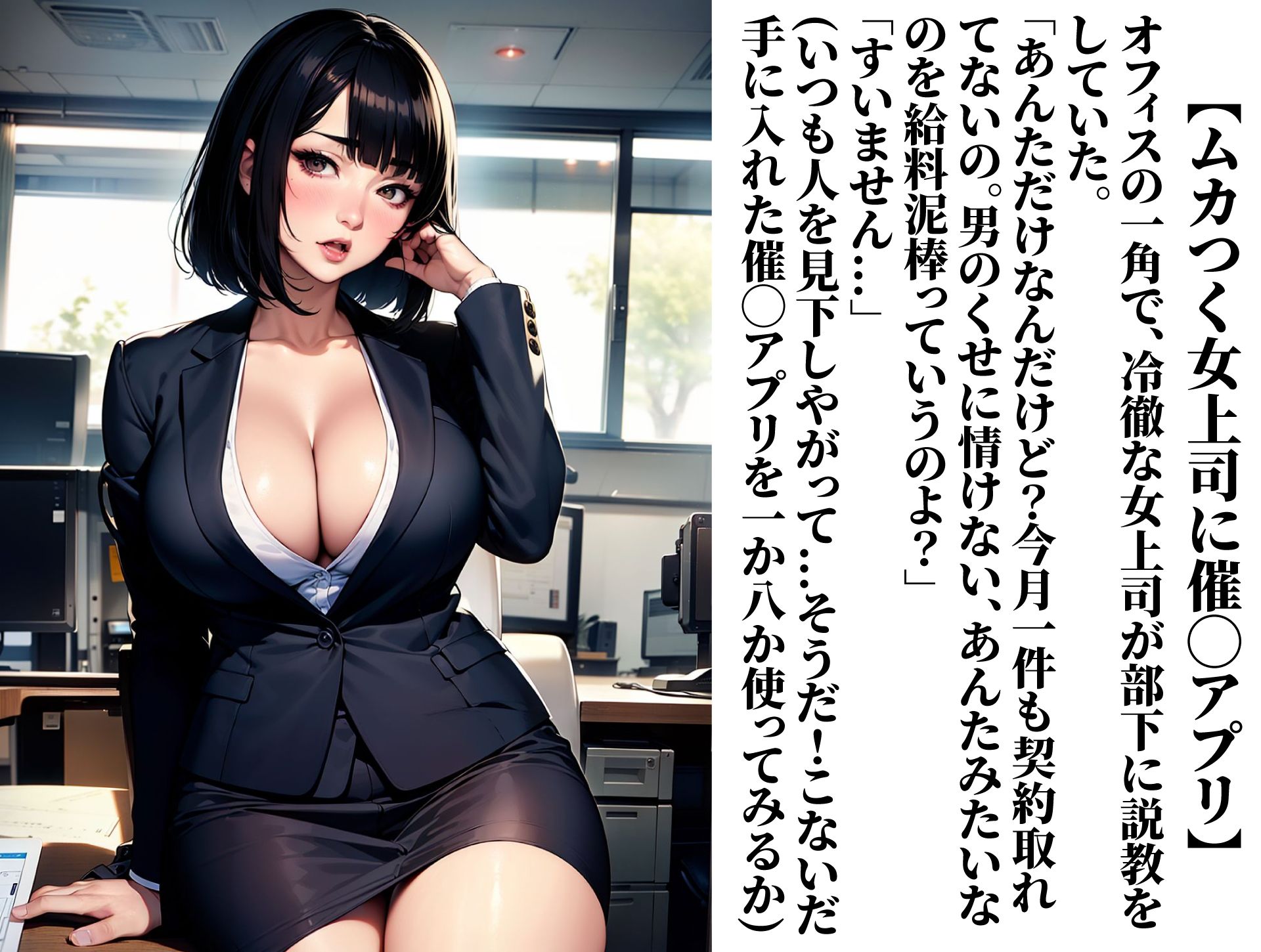 サンプル画像1:ムカつく巨乳女上司を催◯アプリで好き放題してみた(AIいらすとアダルトフリーギャラリー) [d_335469]