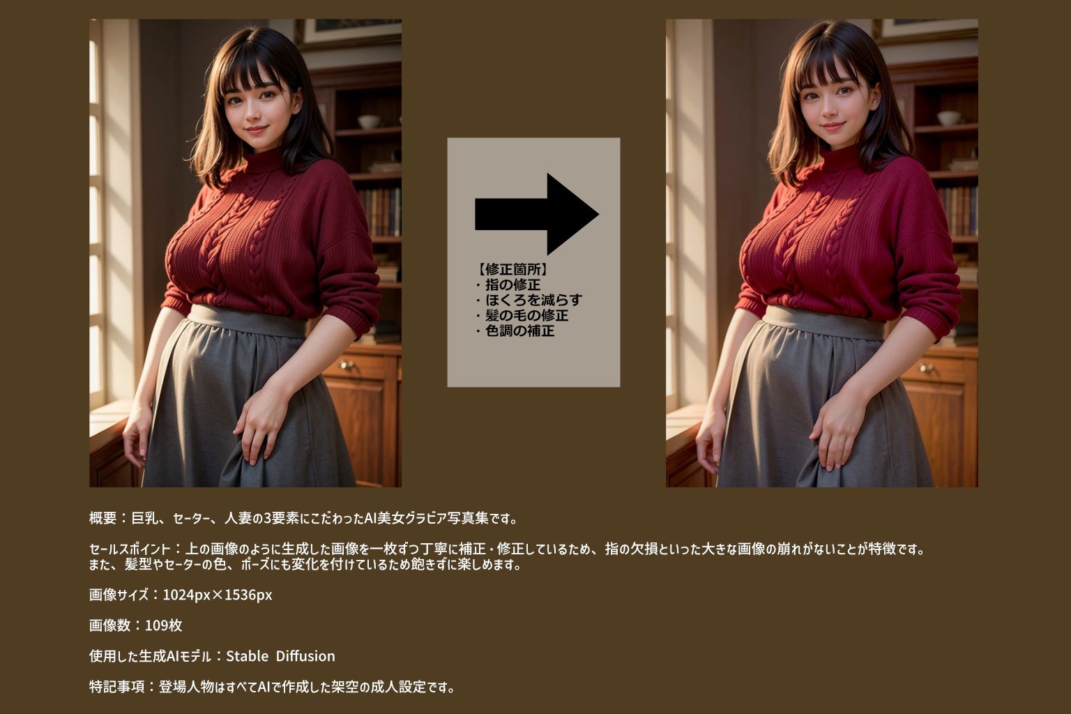 サンプル画像1:【109枚！】巨乳でセーター着た人妻は好きですか？【AI美女グラビア写真集】(ZYUMOMO) [d_337511]