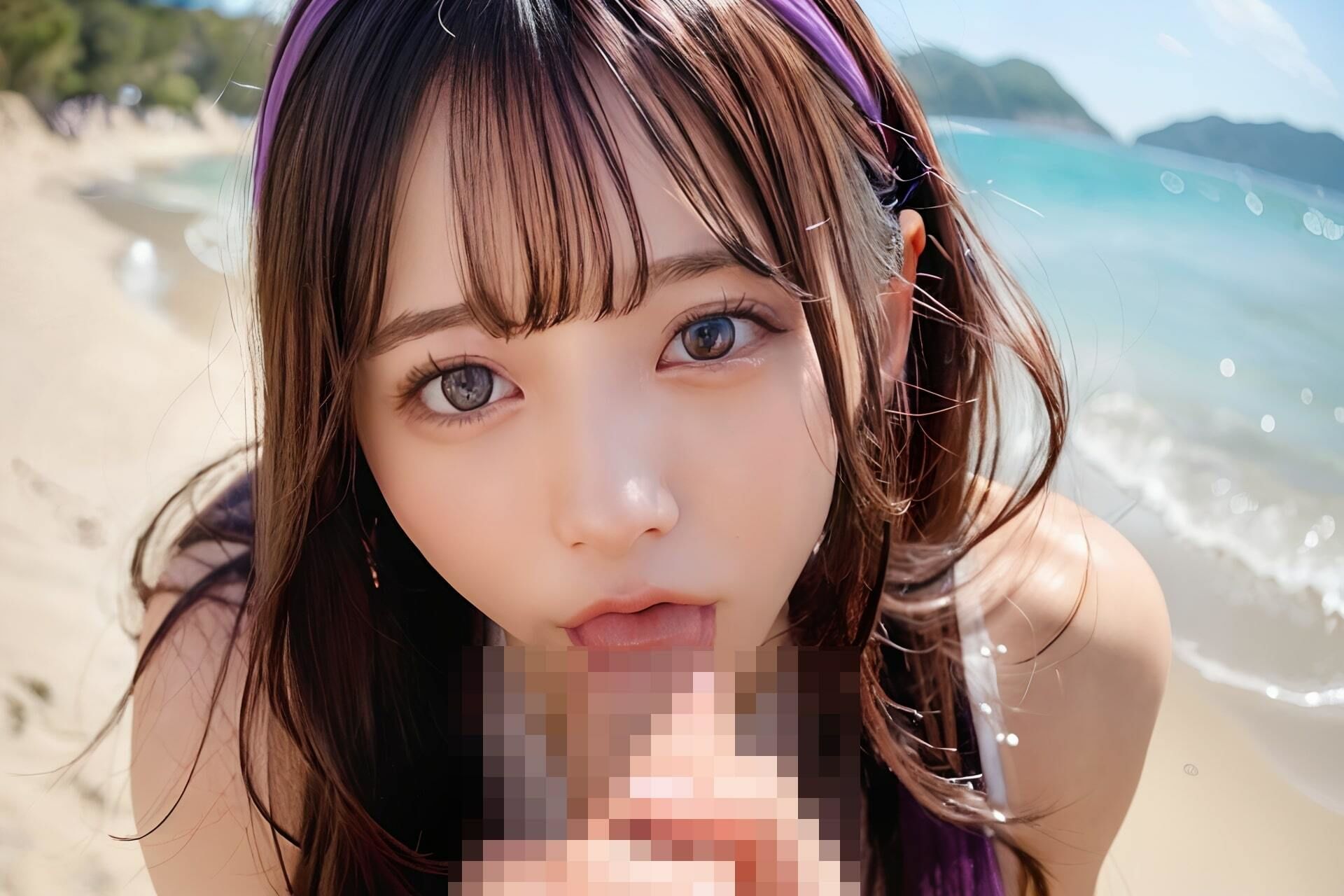 サンプル画像4:【大人気作品集】海で彼女に抜かれまくり？大量射精集Vol.1(HARU@AIイラスト) [d_337694]