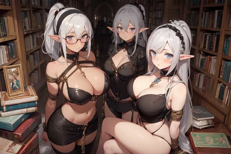 サンプル画像5:【微エロ】魔法図書館で働く銀髪巨乳ダークエルフ（巨乳・銀髪・黒髪・メガネ・ハイレグ・ボンデージなど）【総枚数188枚】(満点星) [d_338344]