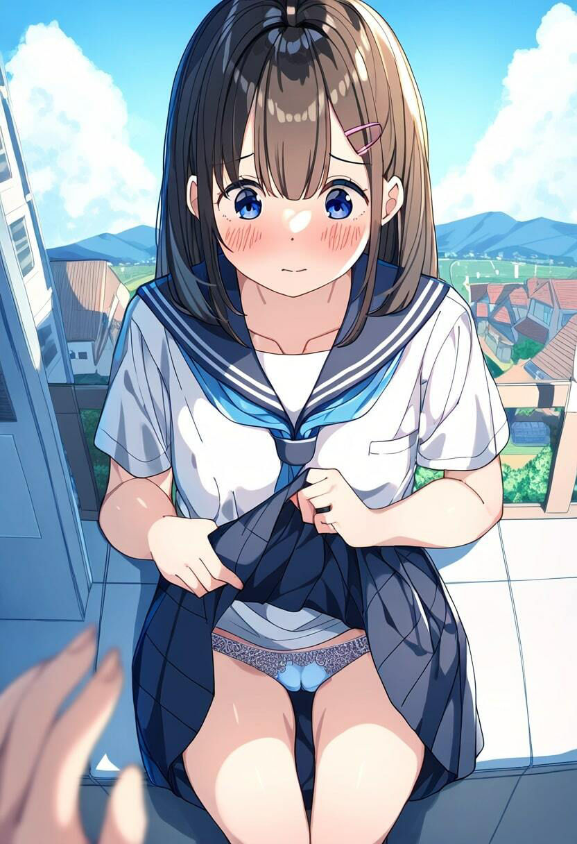 サンプル画像1:美少女JKが街中で恥ずかしそうにたくし上げしてパンチラ！(9LAYERED) [d_350461]