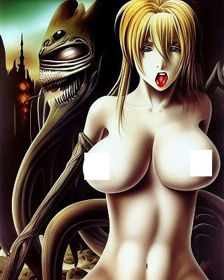 サンプル画像3:ホラーアート:彼女は観念しました←恐怖！化け物に右手を吸い憑かれ全身が呑み込まれる寸前の巨乳美女(MUTANTITS) [d_352580]