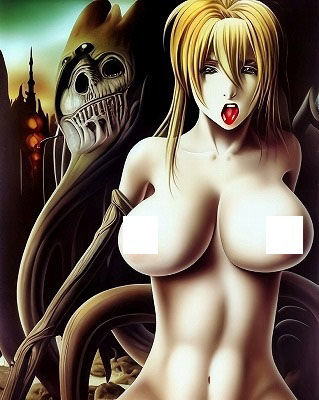 サンプル画像4:ホラーアート:彼女は観念しました←恐怖！化け物に右手を吸い憑かれ全身が呑み込まれる寸前の巨乳美女(MUTANTITS) [d_352580]