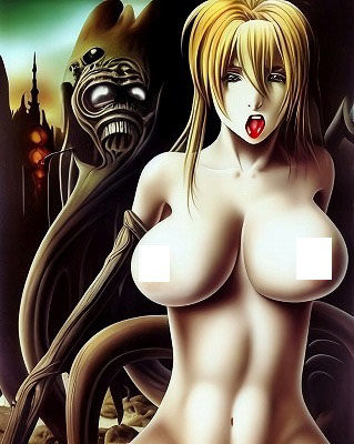 サンプル画像5:ホラーアート:彼女は観念しました←恐怖！化け物に右手を吸い憑かれ全身が呑み込まれる寸前の巨乳美女(MUTANTITS) [d_352580]