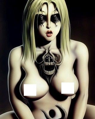 サンプル画像1:ホラーアート:巨乳美魔女の大きなおへその穴から体内につながる緒はミュータント赤ちゃんと繋がっています。(MUTANTITS) [d_354403]