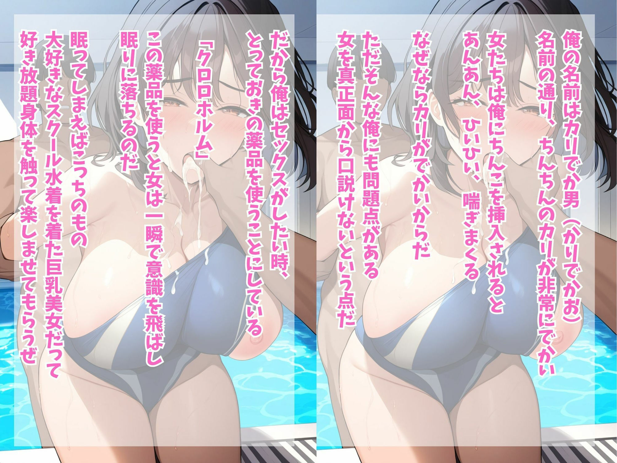 サンプル画像1:クロロホルムで眠らせて巨乳スクール水着美女の身体を好き放題触ってみた（女子大生 / 人妻・主婦 / 学生 / 露出 / ビッチ / 学園もの / 快楽堕ち）(めろんミント) [d_357901]