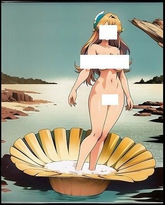 名画復刻:アレクサンドル・カバネルの名画『ヴィーナスの誕生』の真似をする巨乳女子(アニメ調)の画像1