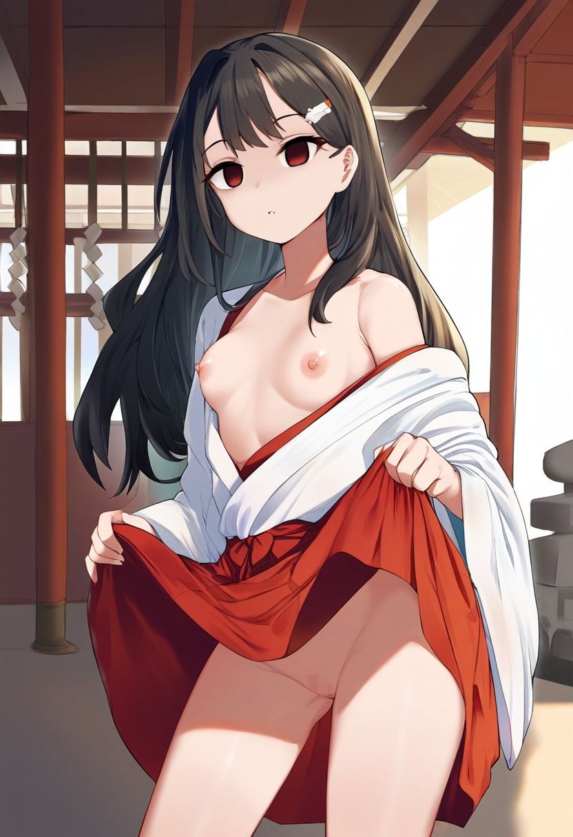 サンプル画像1:巫女の女の子が催●にかかってスカートをたくし上げている画像(催●スキ) [d_359059]