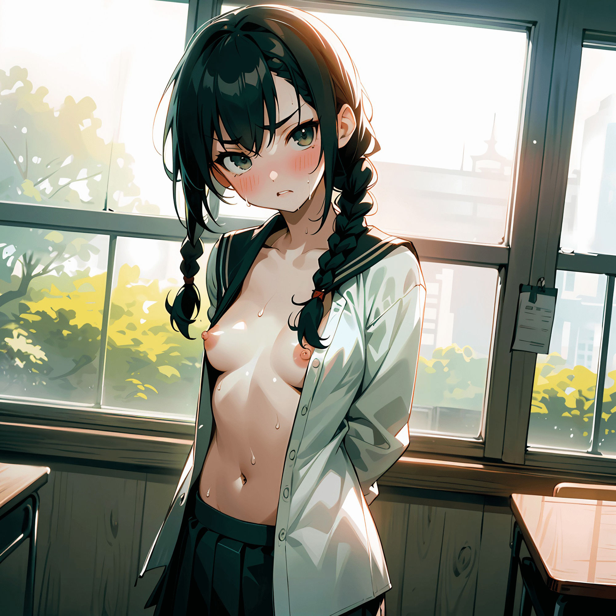 サンプル画像4:【バリエーション豊富】教室で美少女JKが脱ぐ！【満腹の420ページ】学園の少女と教室で秘密の遊び…セーラー服やワイシャツを開けておっぱいを見せてくる処女たち。乳輪モロ出しとミニスカ、ノーパンも…露出の辱めの感情に注目(美少女の宝庫) [d_361652]