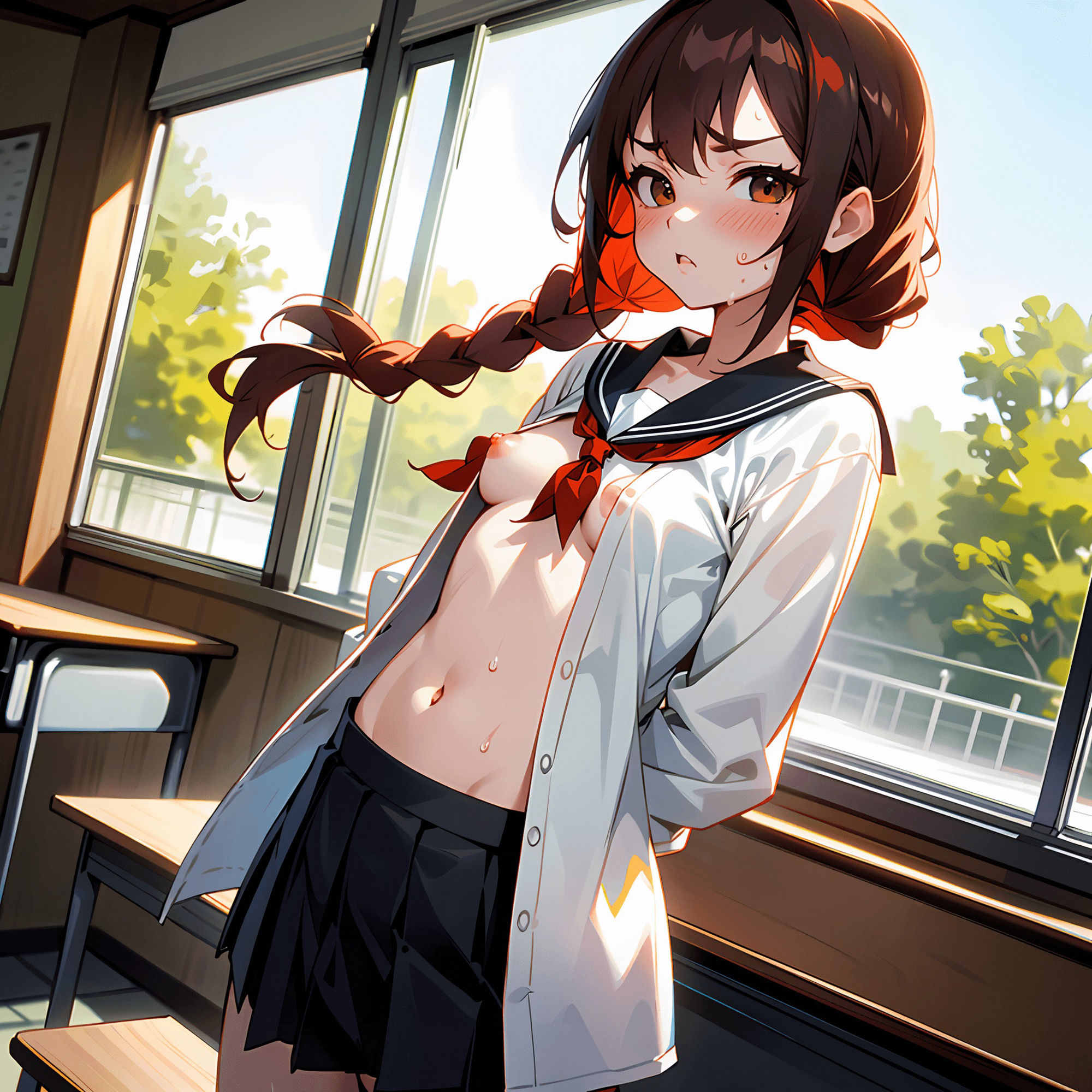 サンプル画像4:学園中の女子のおっぱいを目撃せよ！処女JKと教室で二人きりになったら、おっぱいを見れた件…学生服のボタンを開けると膨らみたての胸があらわに…(ヒロイン同人) [d_361657]