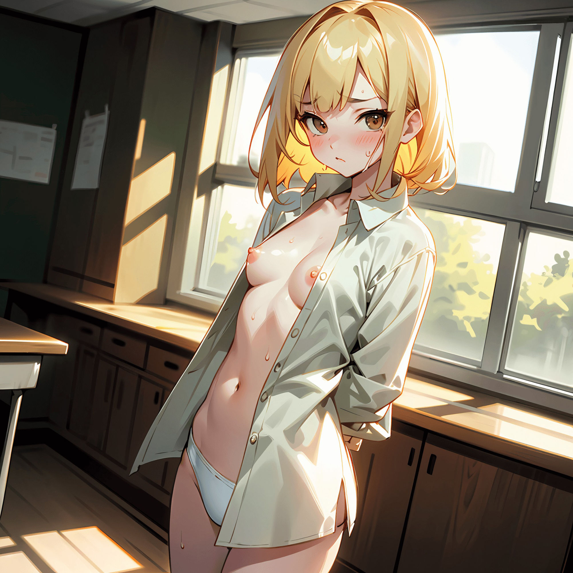 サンプル画像5:学園中の女子のおっぱいを目撃せよ！処女JKと教室で二人きりになったら、おっぱいを見れた件…学生服のボタンを開けると膨らみたての胸があらわに…(ヒロイン同人) [d_361657]