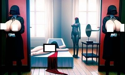 サンプル画像2:名画復刻:ルネ・マグリットの名画『脅かされる暗殺者』（巨乳付き！）独自解釈で傑作に仕上がりました！（アニメ調）(MUTANTITS) [d_362301]