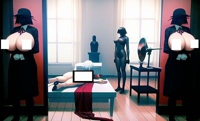 サンプル画像3:名画復刻:ルネ・マグリットの名画『脅かされる暗殺者』（巨乳付き！）独自解釈で傑作に仕上がりました！（アニメ調）(MUTANTITS) [d_362301]