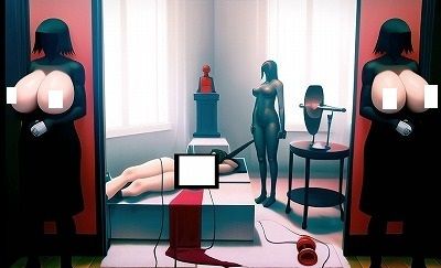 サンプル画像4:名画復刻:ルネ・マグリットの名画『脅かされる暗殺者』（巨乳付き！）独自解釈で傑作に仕上がりました！（アニメ調）(MUTANTITS) [d_362301]