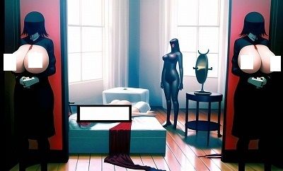 サンプル画像5:名画復刻:ルネ・マグリットの名画『脅かされる暗殺者』（巨乳付き！）独自解釈で傑作に仕上がりました！（アニメ調）(MUTANTITS) [d_362301]