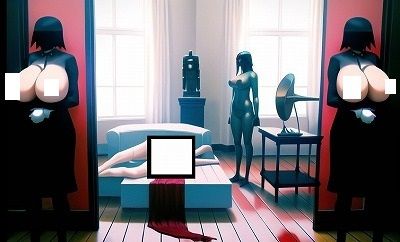 サンプル画像6:名画復刻:ルネ・マグリットの名画『脅かされる暗殺者』（巨乳付き！）独自解釈で傑作に仕上がりました！（アニメ調）(MUTANTITS) [d_362301]