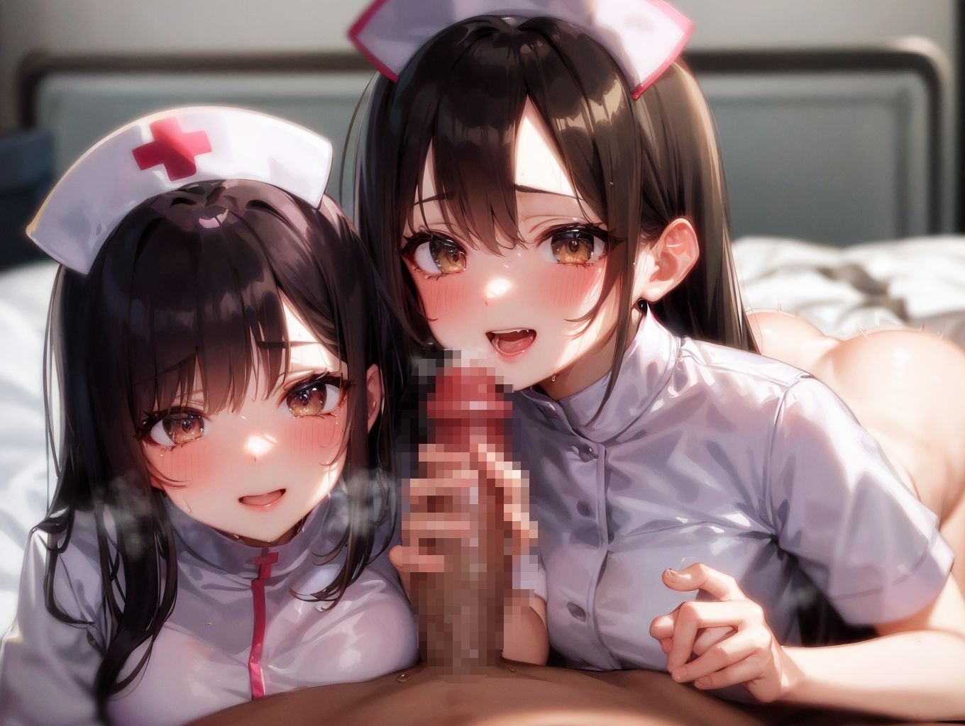 サンプル画像5:「いっぱいせーし出そうね♪」巨乳ナースさんたちとドスケベ交尾♪ どぴゅどぴゅ絞られる♪(射々丸) [d_363239]