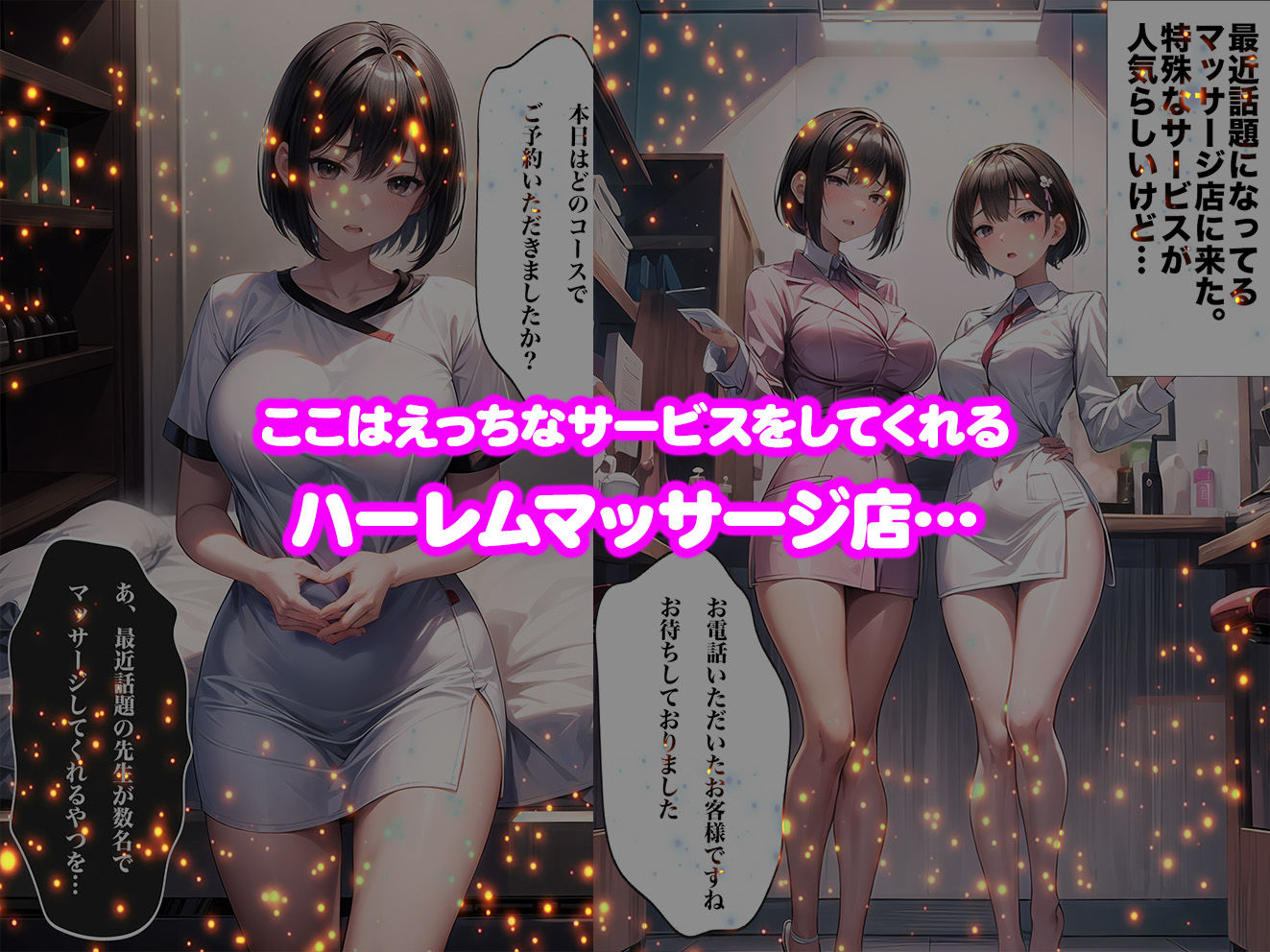 サンプル画像1:ハーレムマッサージ店 〜チンポを欲しがる淫乱先生達に大量中出ししてしまった件〜【セリフ付き】(aiもみむ出版) [d_363580]