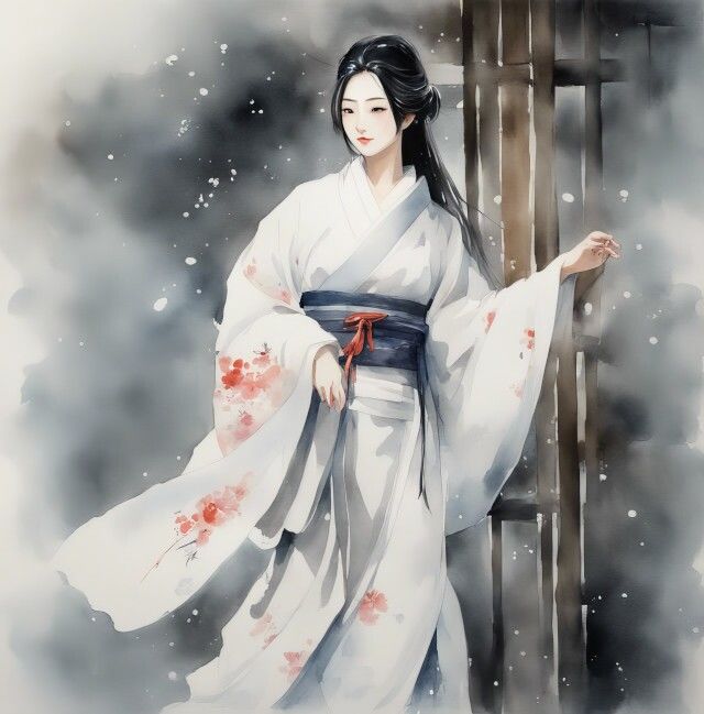 サンプル画像2:凍てつく美の守護者 「雪女」の水彩画(美伝プロジェクト) [d_365429]