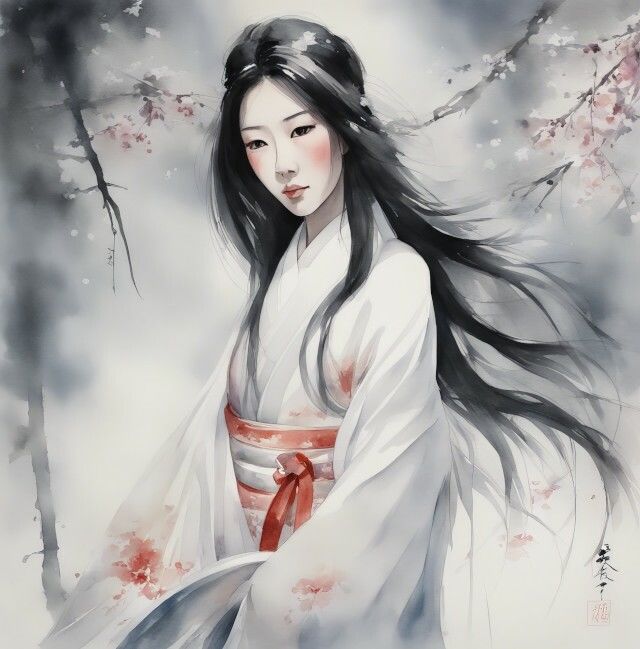 サンプル画像3:凍てつく美の守護者 「雪女」の水彩画(美伝プロジェクト) [d_365429]