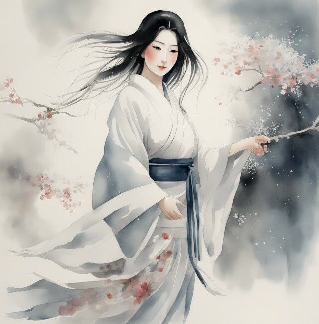 サンプル画像4:凍てつく美の守護者 「雪女」の水彩画(美伝プロジェクト) [d_365429]