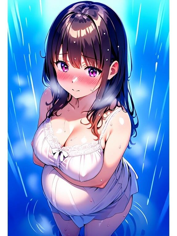 サンプル画像3:濡れ透け妊婦さん｜雨・シャワー・温泉でおっぱいとお尻が透けてる着衣エロ(AI欲イラスト屋さん：わんたんめん) [d_367590]