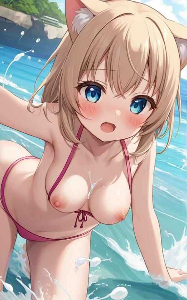 サンプル画像2:可愛い猫耳水着美女のポロリ！ 恥ずかしいから、おっぱいみないでね！(半熟プリン) [d_369733]