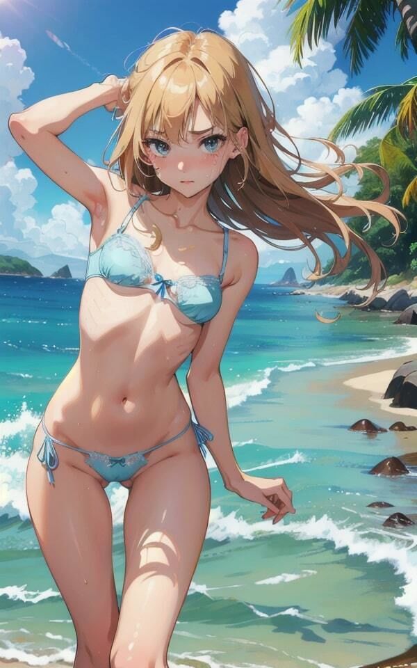 サンプル画像4:露出ビーチで妄想 ノーパン娘も収録(妄想AI) [d_374667]