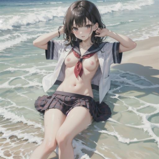 サンプル画像2:海辺で遊ぶ、びしょ濡れ制服美少女(制服あーと) [d_379820]