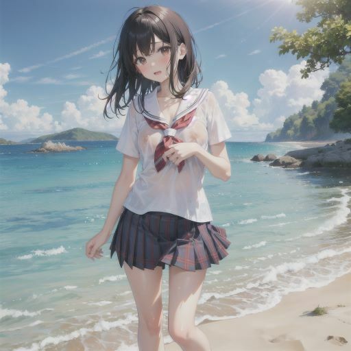サンプル画像6:海辺で遊ぶ、びしょ濡れ制服美少女(制服あーと) [d_379820]