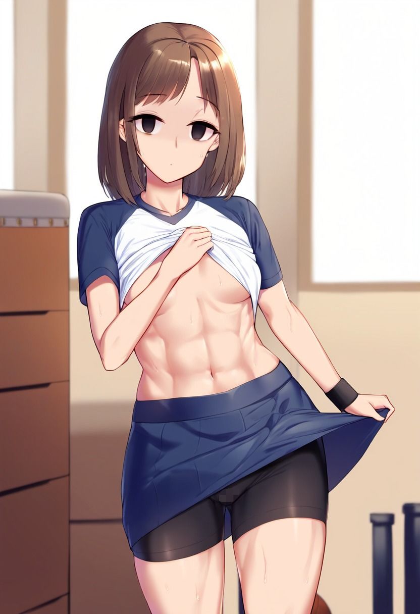 サンプル画像2:腹筋バキバキの女の子が催●にかかってスカートをたくし上げている画像(催●スキ) [d_380819]