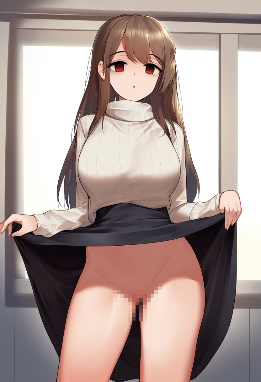 サンプル画像1:ニットの女の子が催●にかかってスカートをたくし上げている画像(催●スキ) [d_381372]