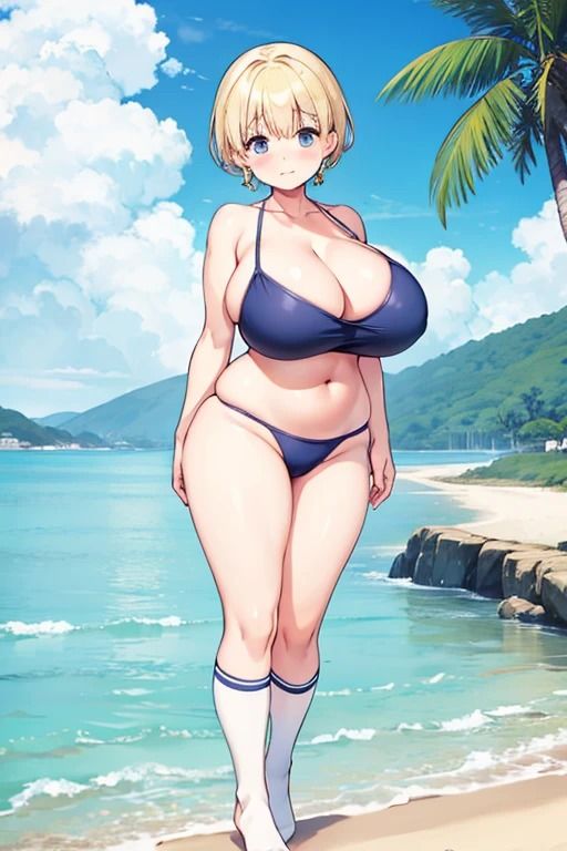 サンプル画像1:靴下・ニーハイ姿の巨乳で水着の美女(色気の垂れ流し) [d_382672]